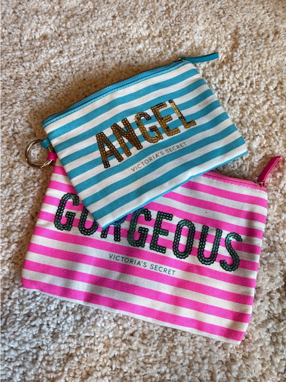 New Victoria’s Secret set 2 makeup bags pink blue white zipper 10.5” wide 7.5”